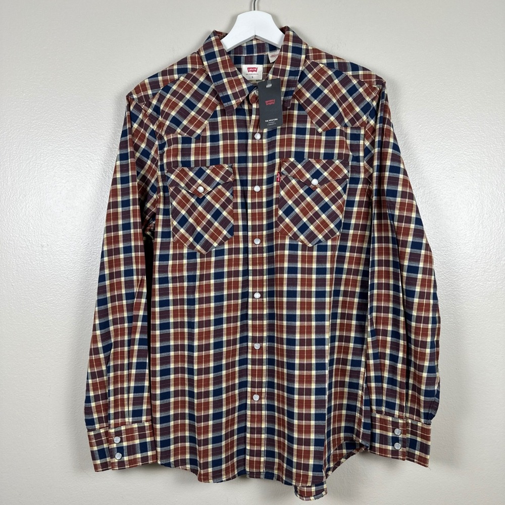 Levi's Men's S Western Shirt Burgundy Navy Plaid Pearl Snap Yellowstone NEW